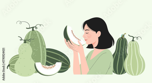 Woman Enjoying Melon Aromas Near Fresh, Green, Ripe Gourds, Pleasant Summer Scenes