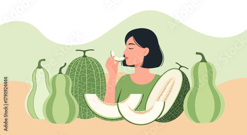 Woman Enjoying Melon Fruits and Their Aroma in a Fresh and Organic Lifestyle Scene