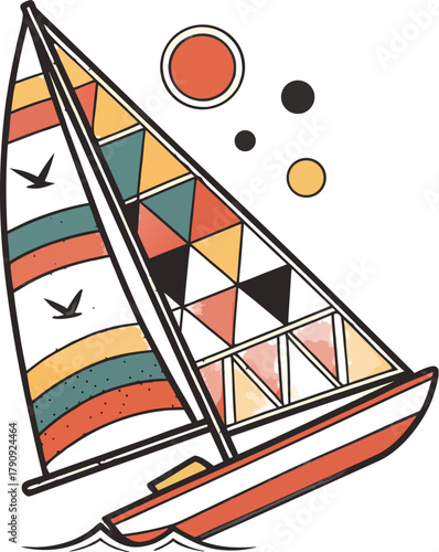 Whimsical sailboat art print sailing the open seas with retro flair and modern design, perfect for summer promotions and travel campaigns