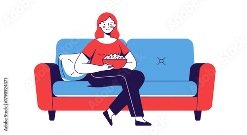 Woman Enjoying Movie Night On The Couch with Popcorn, Relaxing Illustration