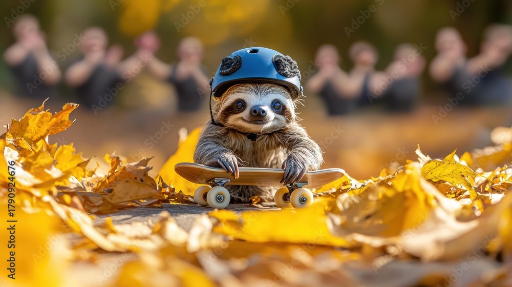 Obraz premium A sloth with a blue helmet on a skateboard surrounded by yellow leaves. Blurred figures are visible in the background. AI.