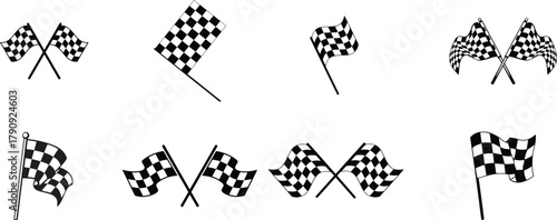 finish flag icon vectorCrossed checkered 3d race flags representing motorsport finish line for car rally isolated on white background. Chequered texture with start at motor road. Waving flag and winni