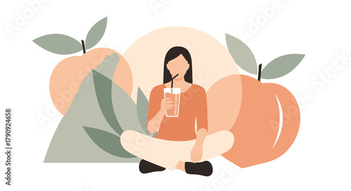 Woman Enjoying Peach Juice In A Relaxing, Serene Environment With Fresh Fruits