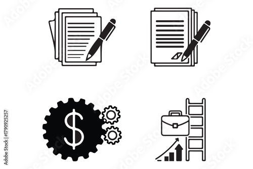 Four business icons depicting contract signing financial gears and career ladder success isolated on white background