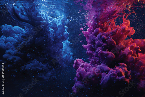 abstract image captures vivid clouds of blue, red, and white ink swirling gracefully through water, creating a mesmerizing dance of color and texture