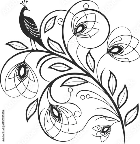 Elegant peacock perched on a blooming branch, showcasing intricate floral and leaf design with a timeless, artistic flair perfect for decorative projects.