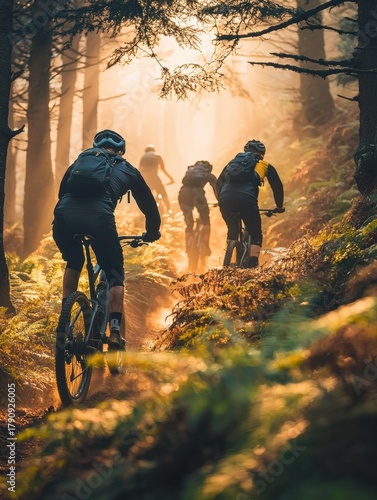 Four bikers ride through a forest trail. Trees line the path, backlit by golden sunlight. Ferns grow along the trail. AI.
