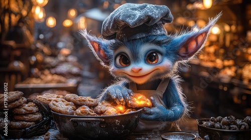 Blue furry creature wearing a chef hat and apron, holding a glowing cookie near a bowl of cookies. AI.