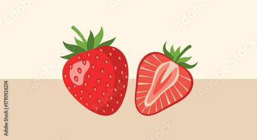 Vibrant Illustration of Fresh Strawberries, Whole and Sliced, on a Two-Tone Background