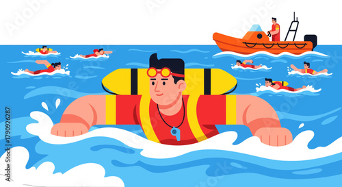 Vibrant Illustrated Depiction Of Lifeguard Overseeing Swimmers And Rescue Boat In The Water