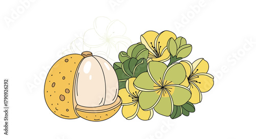 Vibrant Illustration Of Freshly Cut Fruit and Lush Tropical Flower Arrangement