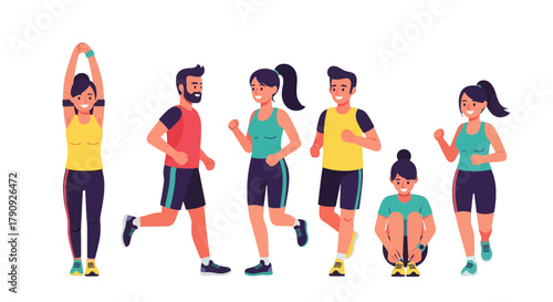 Vibrant Illustrated Group Exercising And Prepping Sports Training Activity With Smiling People