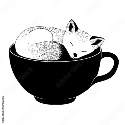 A curled up fox sleeping peacefully inside of a large black coffee cup with a handle on the right side