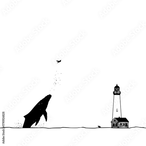 Whale breaching near a lighthouse with a bird flying overhead in a minimalist black and white scene