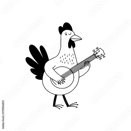 A whimsical line drawing of a chicken playing a banjo with a cheerful expression on its face design