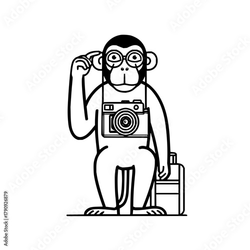 Monkey tourist with camera and suitcase in black and white line art style with glasses and thoughtful pose