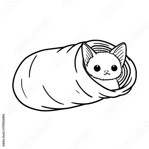 A cartoon drawing of a cute chihuahua puppy peeking out from inside a cozy blanket or sleeping bag