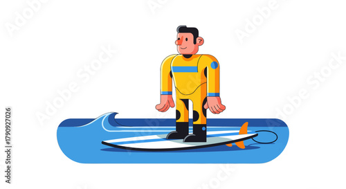Vibrant Surfer In A Yellow Wetsuit In Ocean, Digital Surfing Illustration