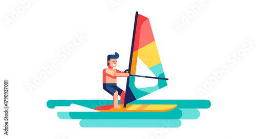 Vibrant Illustrated Windsurfer Sailing Across The Turquoise Waves Against Black Backdrop