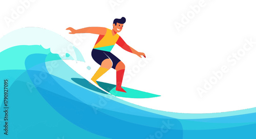Vibrant Surfer Skillfully Riding a Powerful Oceanic Wave Against a Black Canvas