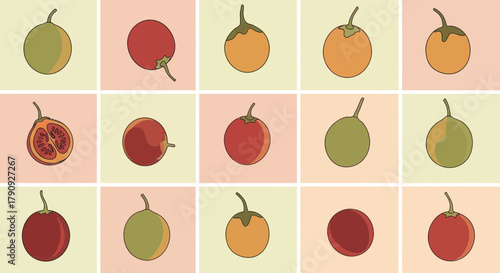 Vibrant Tints of Tamarillo Fruit and its Variations Arranged in an Appealing Grid