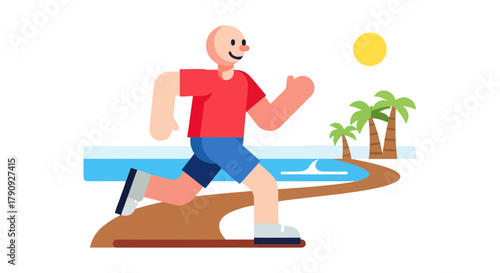 Vibrant Illustration of a Jogger Enjoying a Tropical Beach Run at Sunset Time