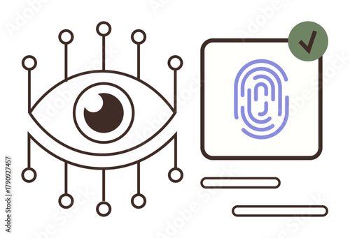Eye connected to nodes, fingerprint with checkmark denoting biometric technology, security, digital identity. Ideal for cybersecurity, data protection, user access, verification, AI secure login