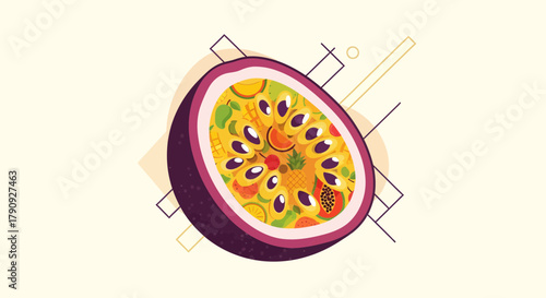 Vibrant Illustration of a Passion Fruit Half Showcasing Delicious Tropical Fruit