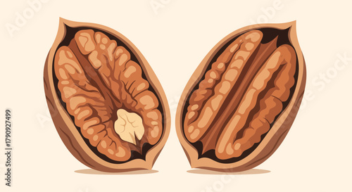 Vibrant Illustration of a Pecan Nut in Half, Revealing Exquisite Internal Details
