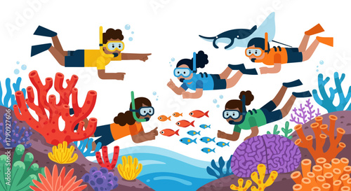 Vibrant Underwater Adventure Depicting People Snorkeling Amongst Colorful Coral and Marine Life
