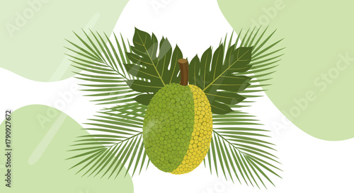 Vibrant Illustration of Breadfruit Encircled By Tropical Leafy Accents on Light Background