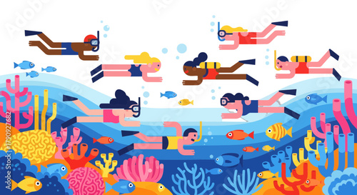 Vibrant Underwater Explorers: A Colorful And Engaging Illustration Of Divers Swimming Together