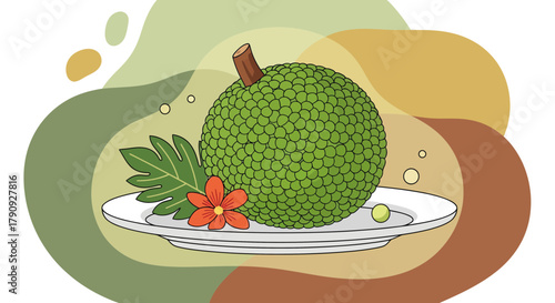 Vibrant Illustration of Breadfruit Served on a Plate with Decorative Elements