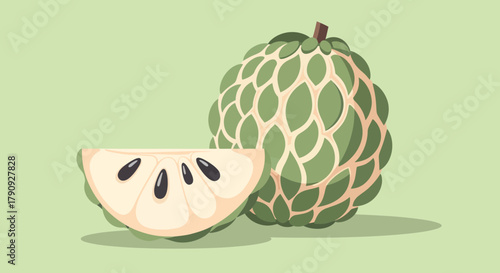Vibrant Illustration of Custard Apple Showing Its Exterior And Sliced Section Detail
