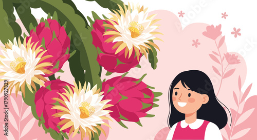 Vibrant Illustration Of Dragon Fruit Flowers And Smiling Girl Against Pastel Background