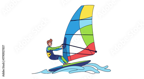 Vibrant Windsurfer Silhouetted Against Black Background, Summer Watersport Fun, Vector