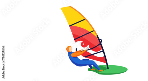 Vibrant Windsurfer Vector Illustration on Glossy Green Platform Enjoying High Wind Force