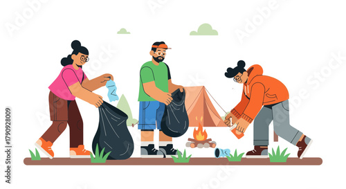 Volunteers Cleaning Camp, Removing Trash, Campfire, And Restoring Nature Illustration