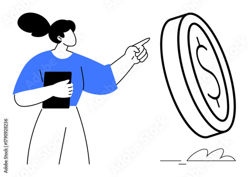 Woman holding a tablet and pointing at a large rotating dollar coin. Ideal for finance, investment, economy, business decisions, savings, planning, personal growth, simple flat metaphor