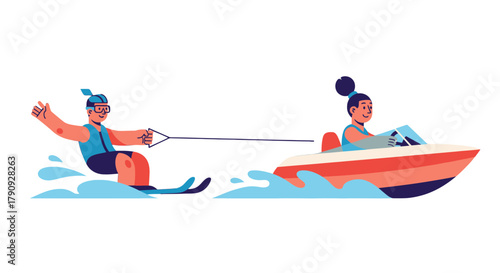 Water Sports Fun: Exciting Waterskiing Adventure Behind a Bright Colorful Motorboat