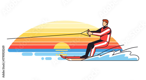Waterskiing Adventure with Retro Sunset Background Vector Graphic Illustration