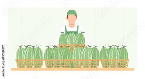 Watermelon Farmer Displaying Fresh Harvest in Woven Baskets for Sale and Distribution