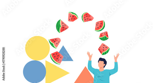 Watermelon Juggler Showcasing Fruit, Shapes, and Colorful Modern Graphic Design