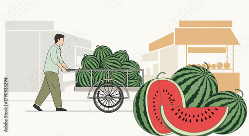Watermelon Vendor Moves Cart Full Of Fresh Watermelons In Beautiful Flat Illustration