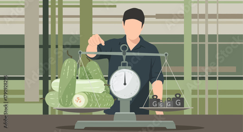 Weighing Cucumber: A Vector Illustration of Food, Scales, and Sustainable Choices