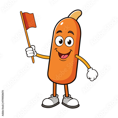Funny cartoon corndog character holding small flag illustration vector drawing