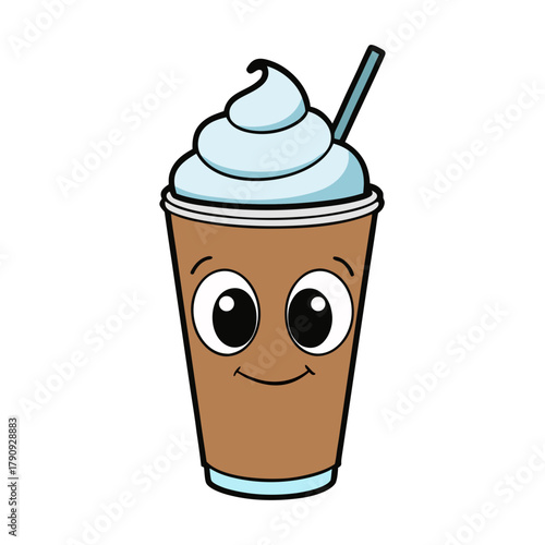Vector illustration of milkshake cup with cute eyes and whipped cream isolated on white