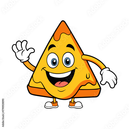 Funny cartoon nacho chip smiling with dip splash vector illustration