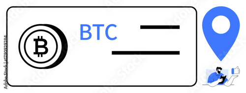 Bitcoin logo next to text and location pin icon, small character uses a laptop with a card. Ideal for cryptocurrency, online payments, blockchain, finance, remote transactions, e-commerce, simple
