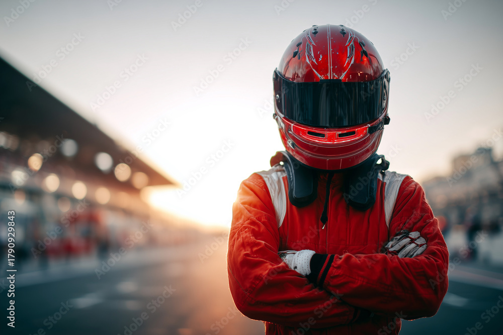 Obraz premium A man in a red racing suit stands on a race track with his arms crossed